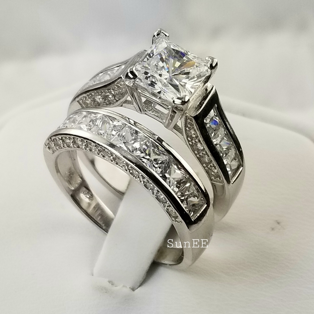 NEW WOMENS 925 STERLING SILVER ENGAGEMENT RINGS WEDDING RINGS DIAMOND SET